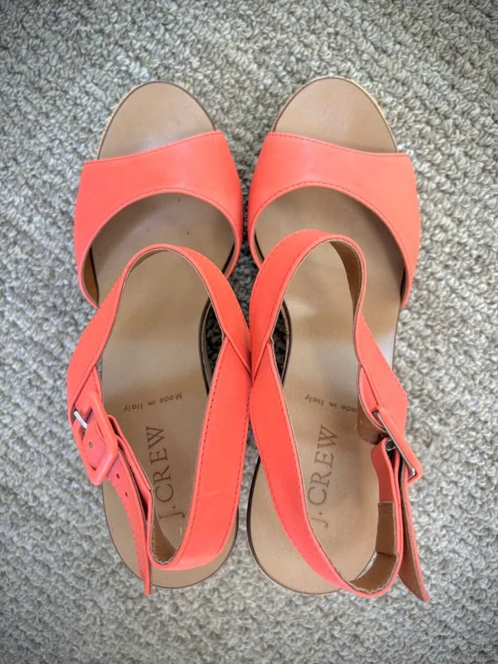 J. Crew Maryann Leather Cork Wedge Platform Sandals in Coral, 7M